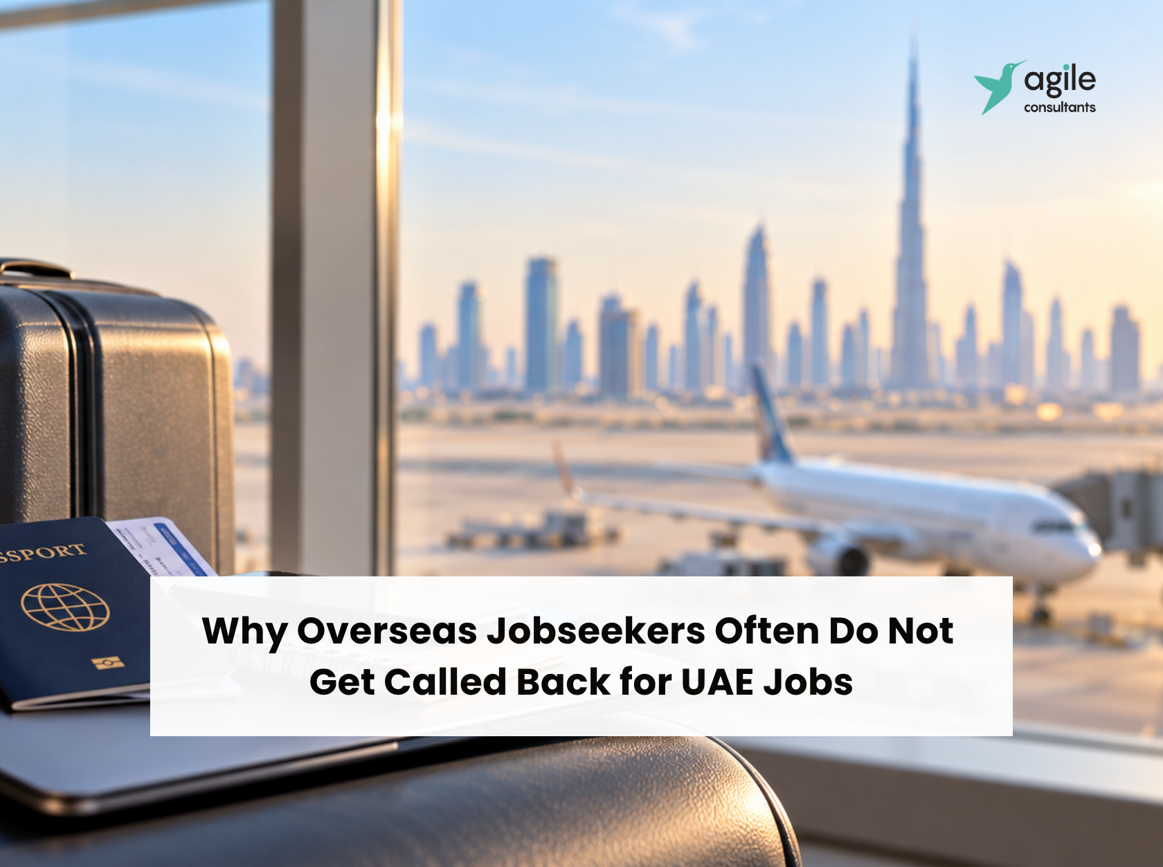 Overseas jobseeker travel essentials with laptop, passport and luggage representing applications for UAE jobs from abroad