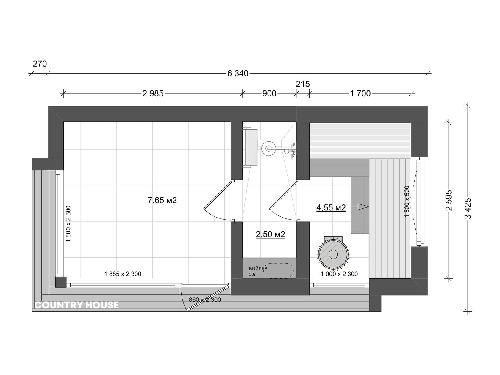 Планировка Лампи М вариант 3: комната отдыха 7,65, парная 4,55, мойка 2,50 м²