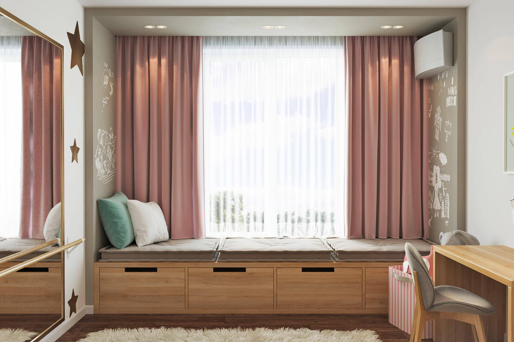Aménagement chambre enfant lumineuse avec coin lecture sous fenêtre et rideaux roses
