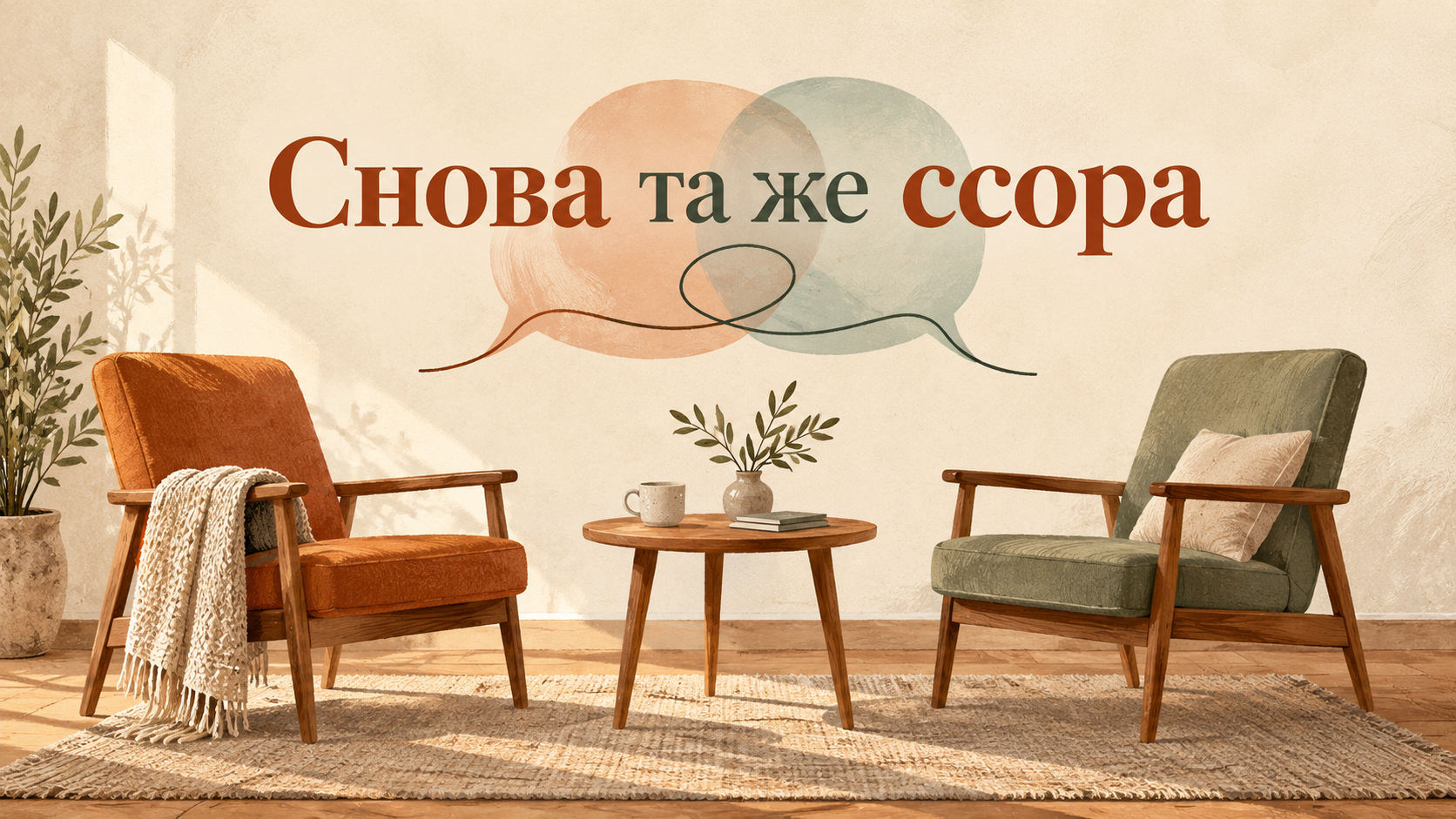 Два пустых кресла и переплетающиеся реплики с надписью Снова та же ссора