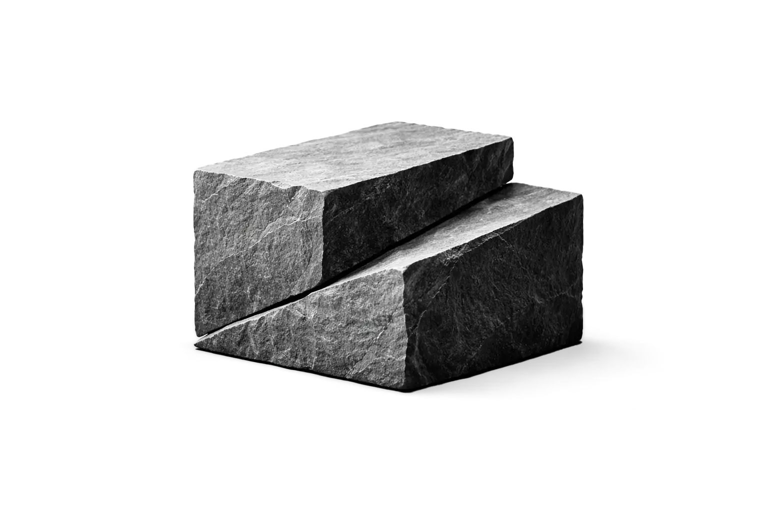 Абстрактная каменная скульптура с изысканной геометрической формой, тщательно обработанный камень с чистыми краями и контролируемыми пропорциями, текстура сланца, архитектурная точность, минималистичная эстетика