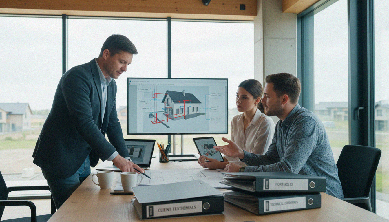 Три профессионала — архитекторы или инженеры — обсуждают 3D-модель жилого дома на большом мониторе в современном офисе; на столе чертежи и планшет, демонстрирующие детали проекта.
