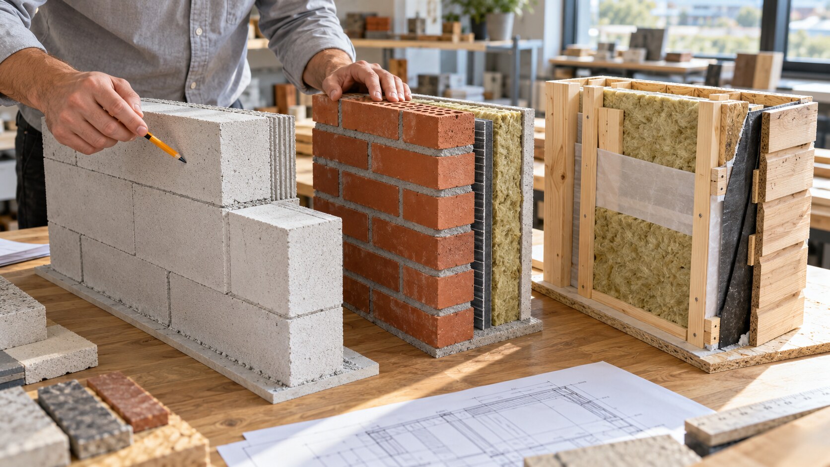 Образцы стен из газобетона, кирпича и по каркасной технологии