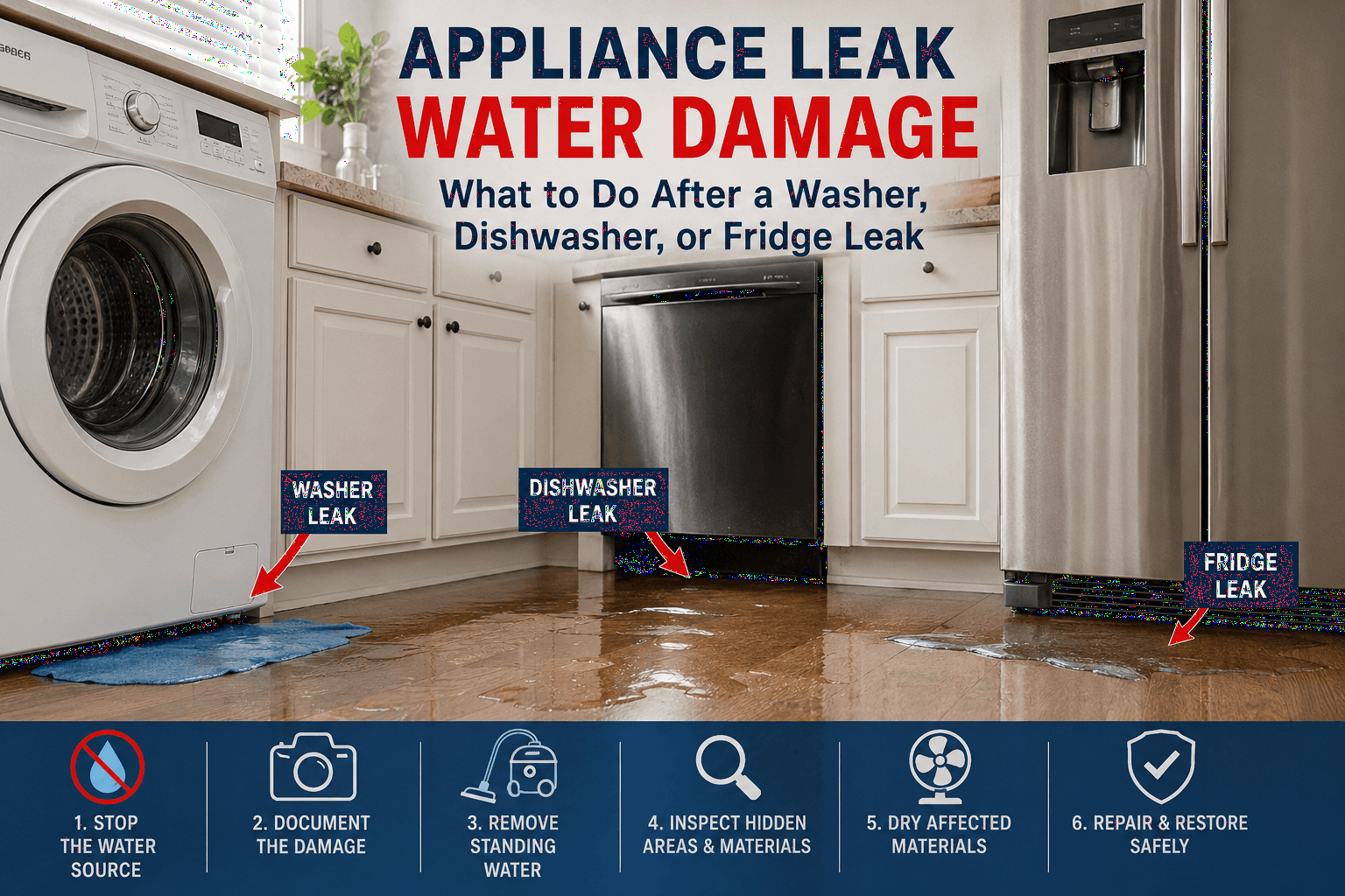 Appliance leak water damage infographic showing washer leak dishwasher leak fridge leak standing water on kitchen flooring hidden moisture inspection drying steps and repair process