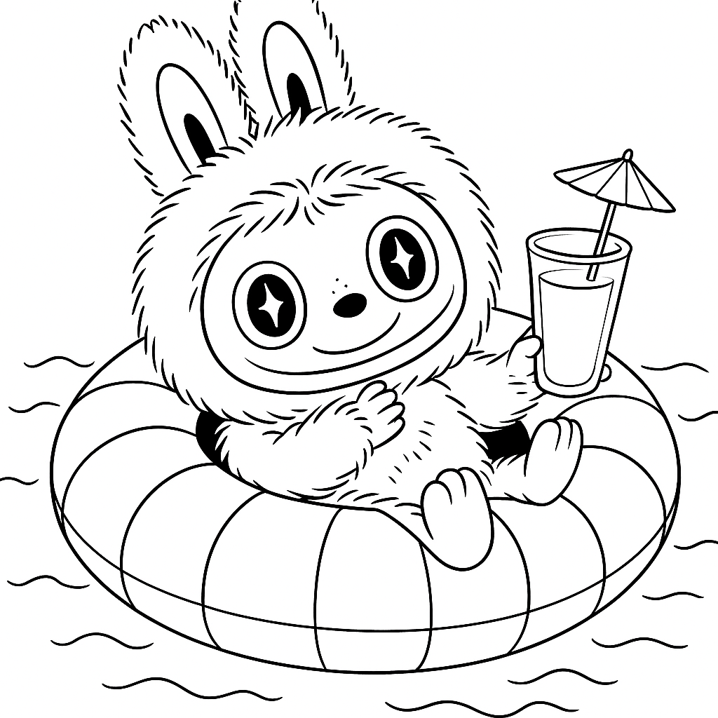 Черно-белая раскраска: персонаж Labubu в пушистом костюмчике с ушками лежит на надувном круге в воде и держит стаканчик с коктейлем и зонтиком.