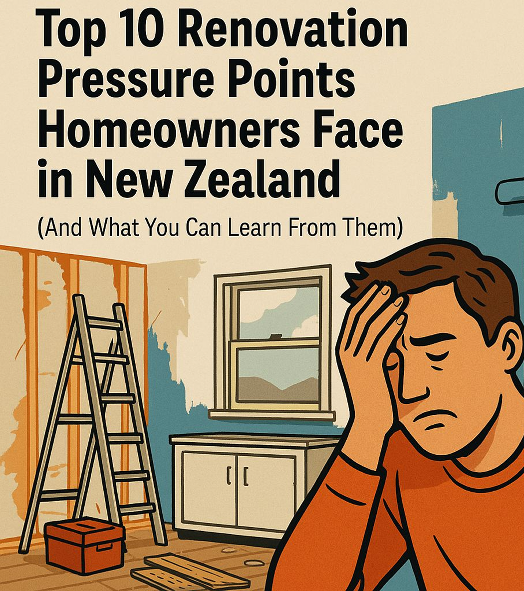 Illustration of a frustrated man holding his head in a partially renovated room with a ladder, toolbox, and unfinished walls. Text reads: &amp;amp;amp;amp;amp;amp;amp;amp;quot;Top 10 Renovation Pressure Points Homeowners Face in New Zealand (And What You 