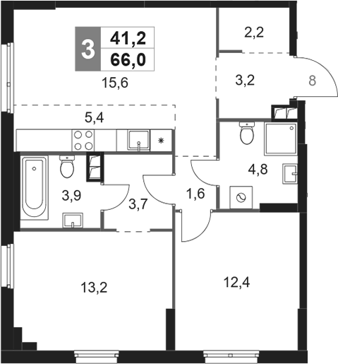 3-комн 66,0 м²