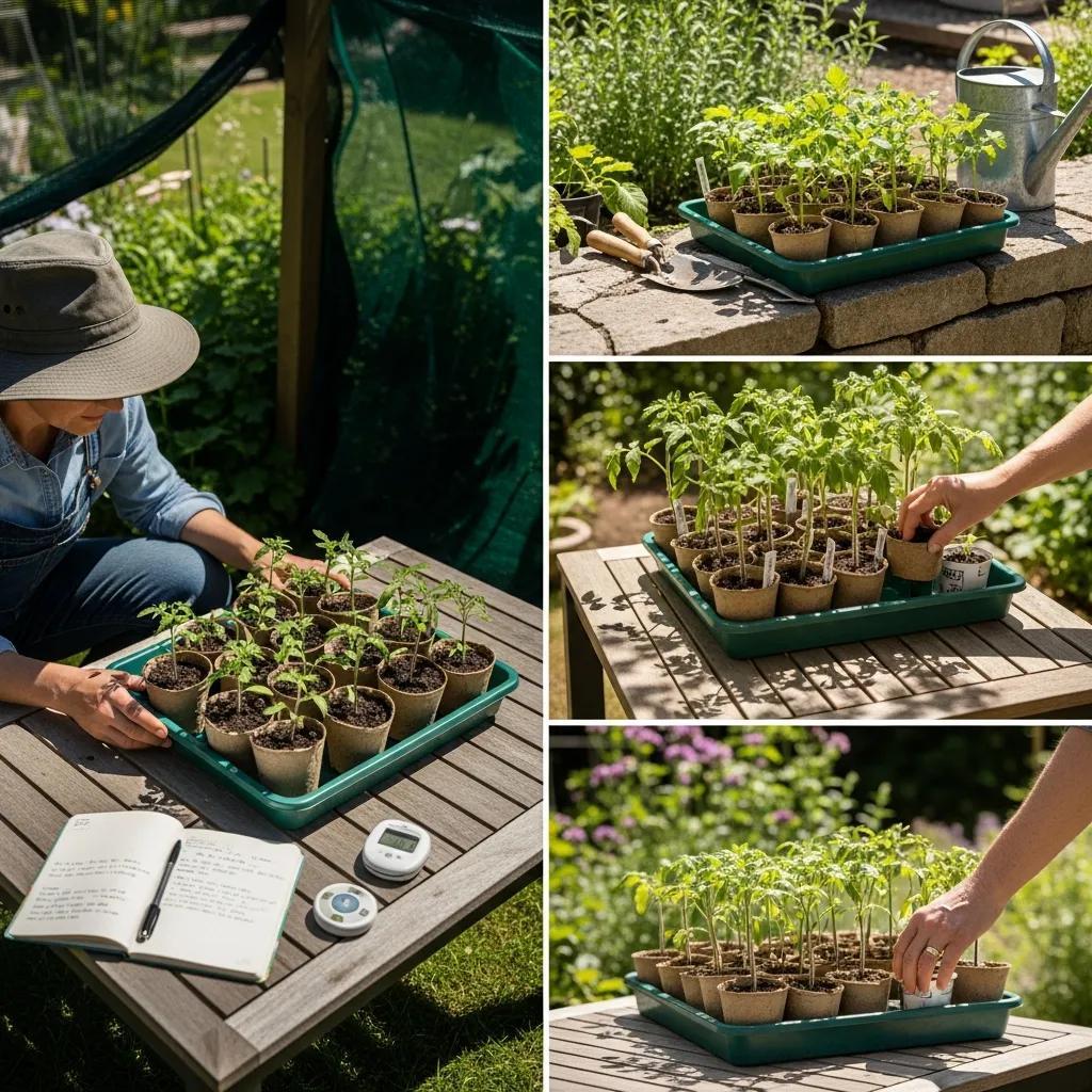 Gardener monitoring seedlings during the hardening off process