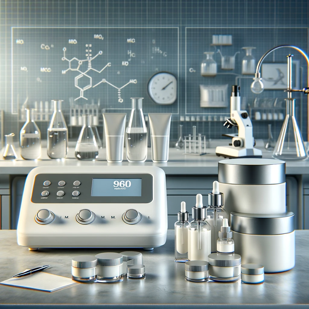 A modern laboratory setting showcasing a detailed scene with laboratory equipment, prominently featuring a Sensoderm mod. 960 device on a table. Nearby, there are five different moisturizing cream containers (labeled M1, M2, M3, M4, M5), subtly present but not dominating the composition. The background emphasizes the contemporary and clean research environment, with elements like laboratory glassware, measurement notations, and neatly arranged lab accessories, adding realism and relatability to the scene, tailored for a chemist-technologist audience interested in cosmetics.