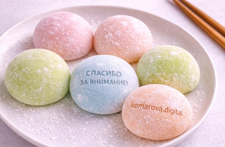 Моти на тарелке с надписью «Спасибо за внимание» и komarova.digital
