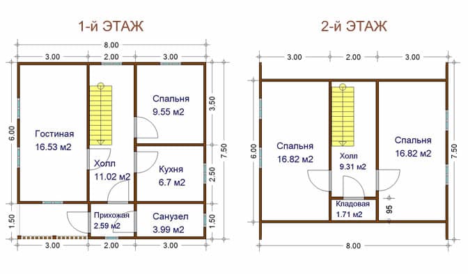 План дома 6 на 8 двухэтажный из бруса