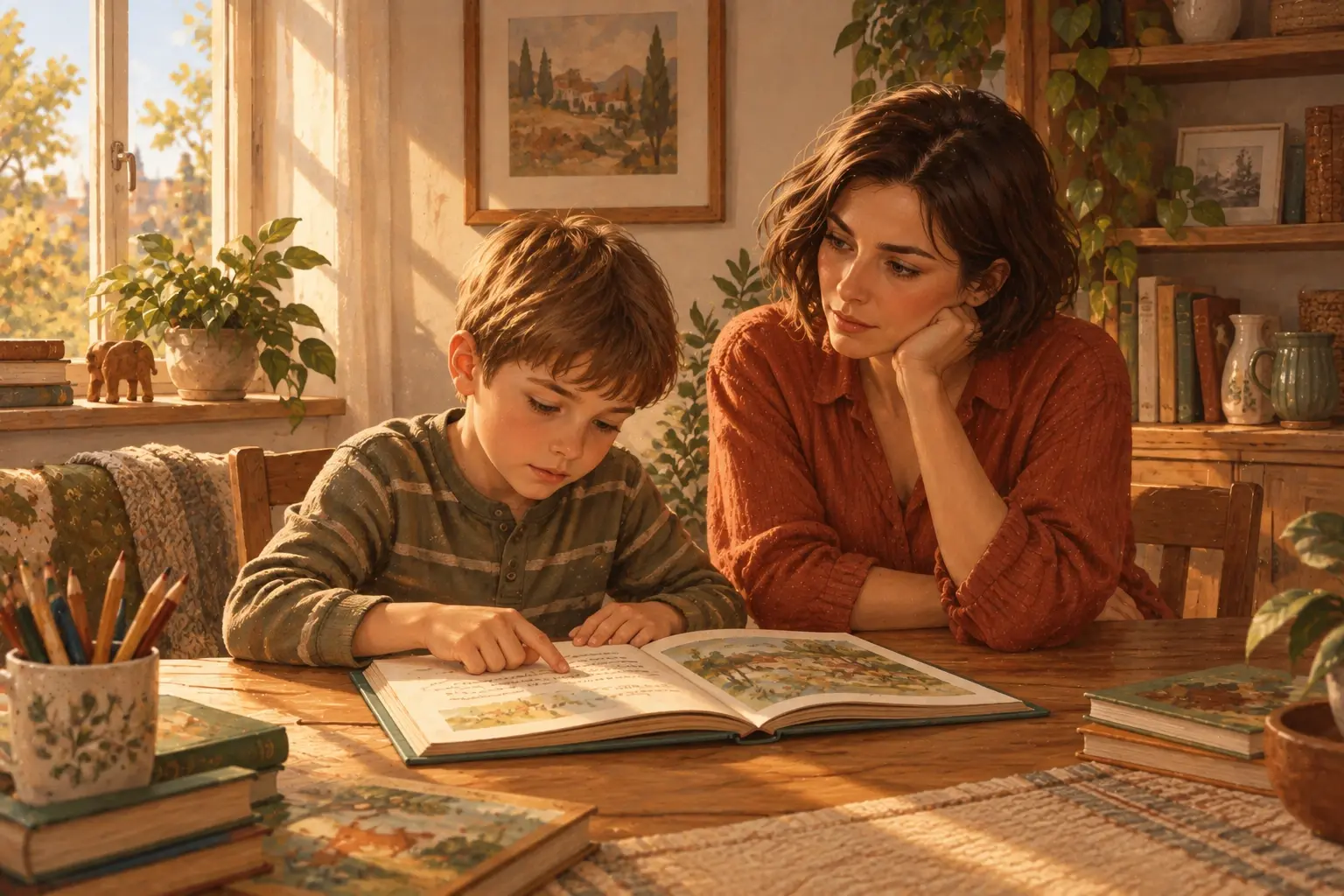 Ребёнок читает книгу при участии взрослого