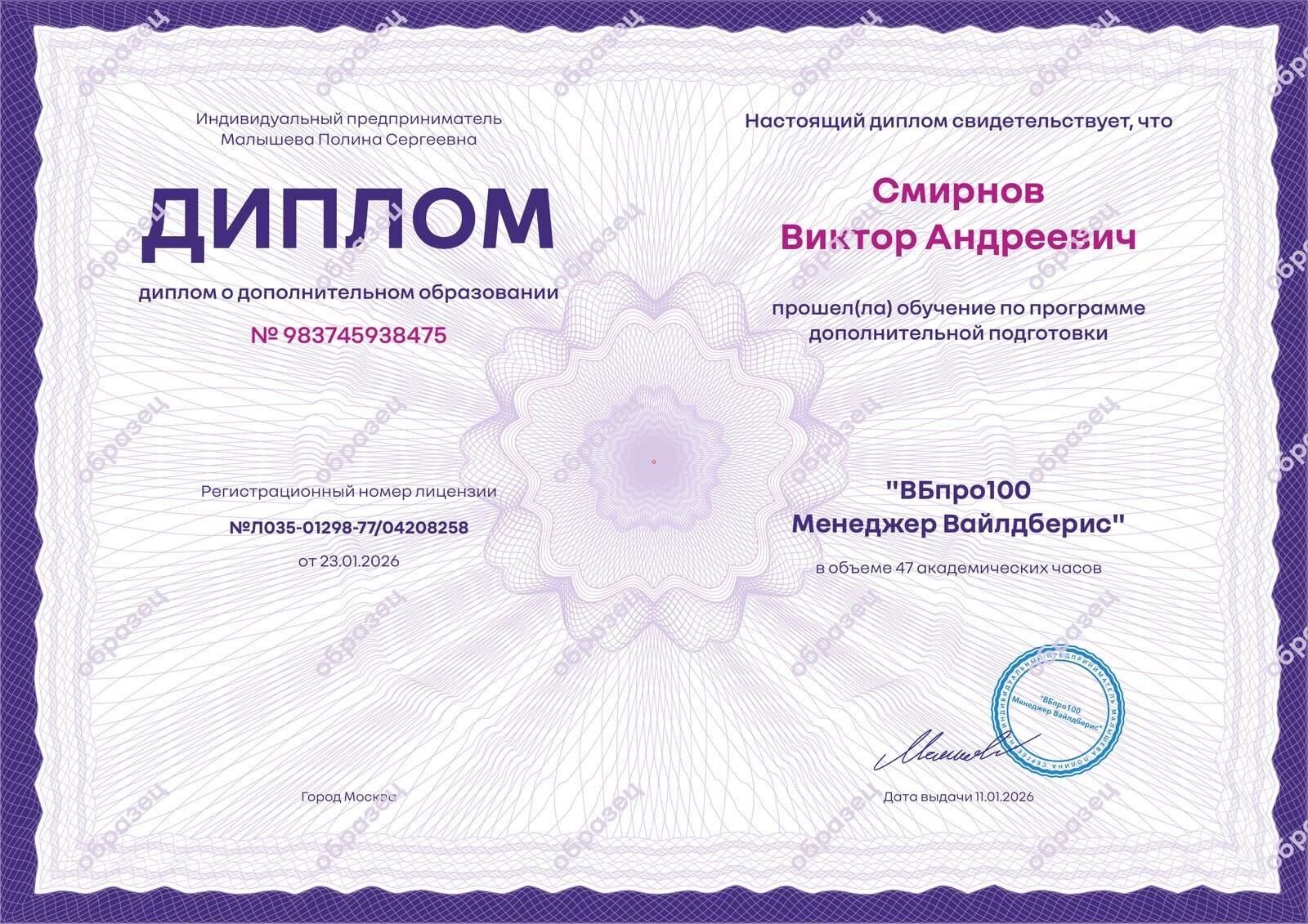 Образец диплома ВБпро100