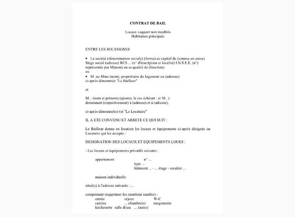 Французский договор аренды жилья (Contrat de bail), используемый как обязательный документ для подтверждения адреса проживания при получении ВНЖ во Франции.