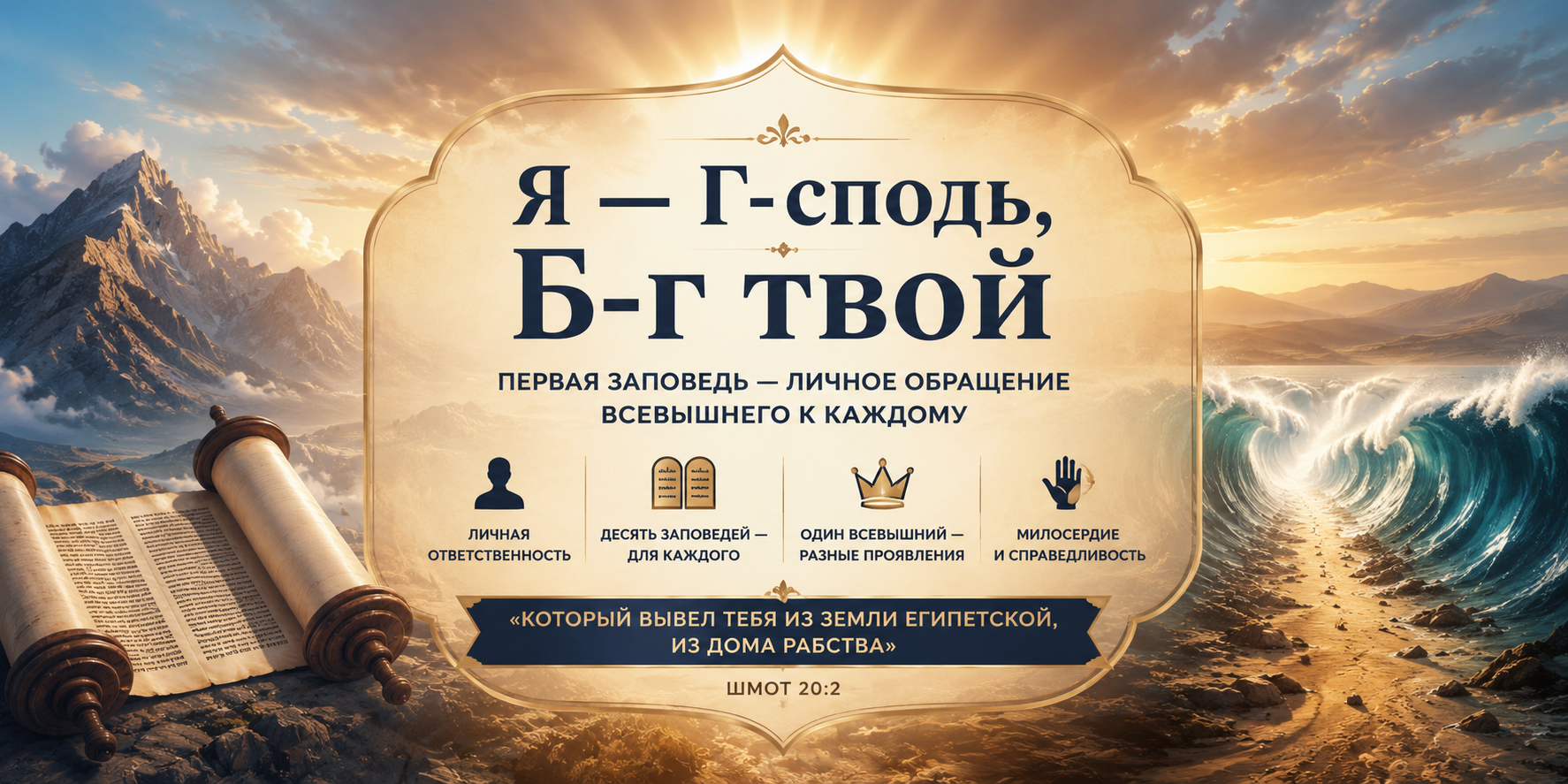 Иллюстрация к статье «Я - Г-сподь, Б-г твой»: раскрытый свиток Торы, расступившееся море и сияющий свет над горами как символ дарования Десяти заповедей.