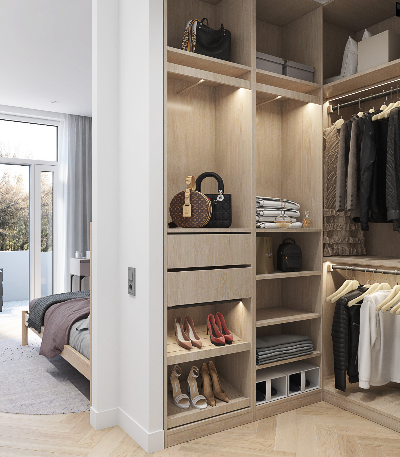 Гардеробная в спальне под светлое дерево. Место для хранения обуви. 