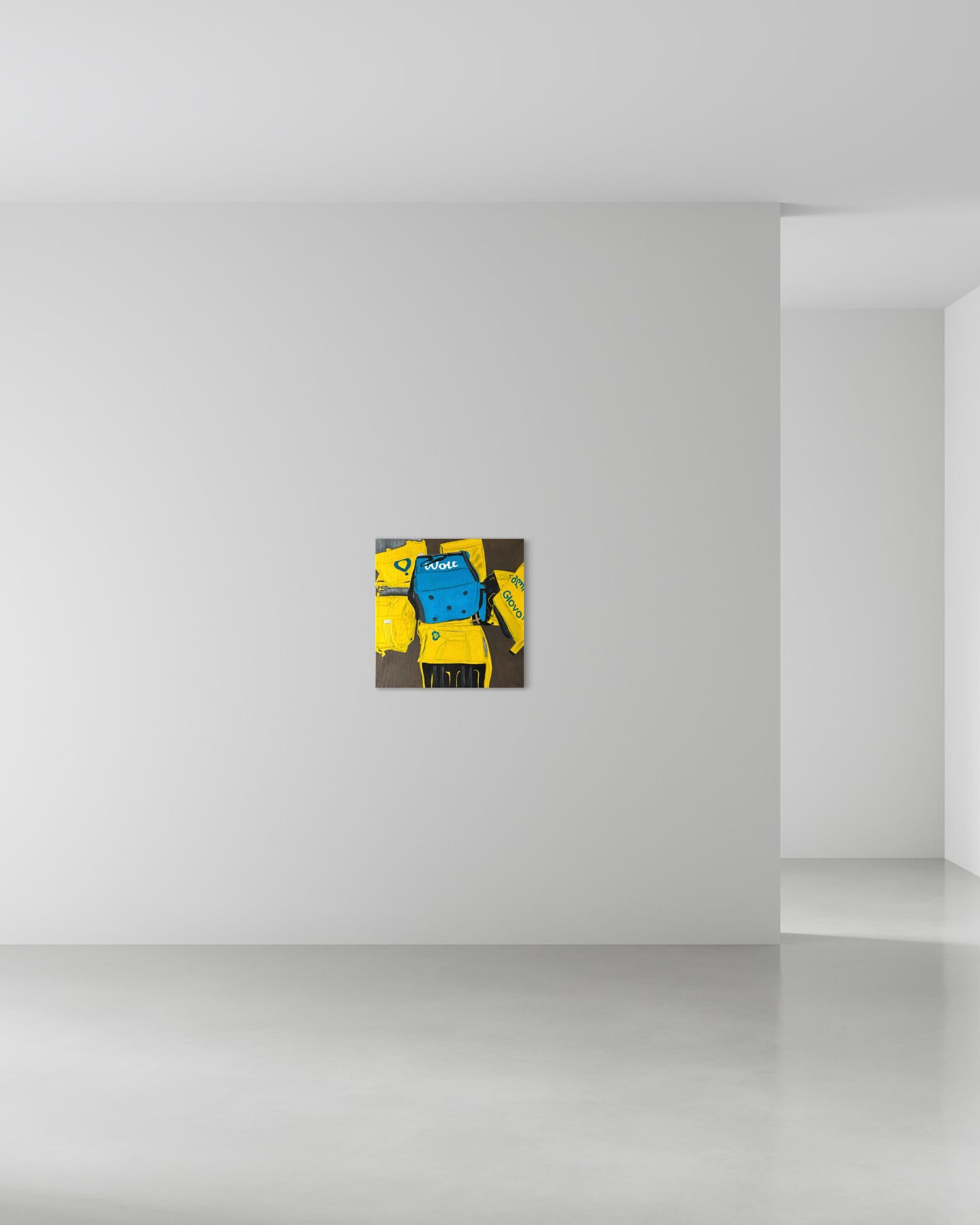 Современная картина о городской жизни Тбилиси — сумки курьеров Wolt и Glovo, урбанистическое искусство, купить современную картину, tbilisi urban art