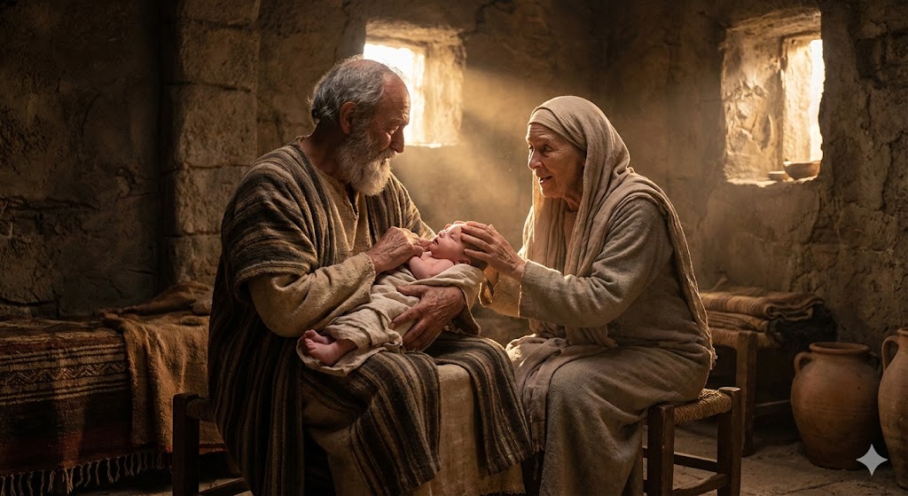 Икона или художественное изображение Рождества Иоанна Предтечи: праведная Елизавета и Захария с младенцем