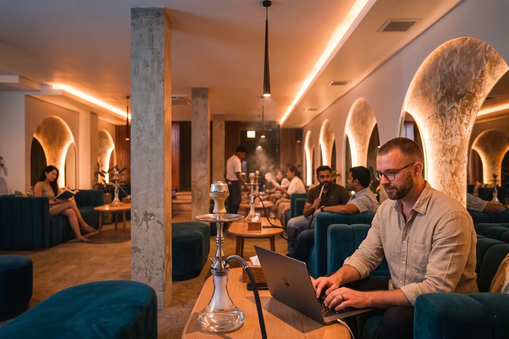 A professional man typing on his laptop inside the spacious and beautifully arched interior of the Eden Ubud venue, a top choice for the best coworking space in Bali.