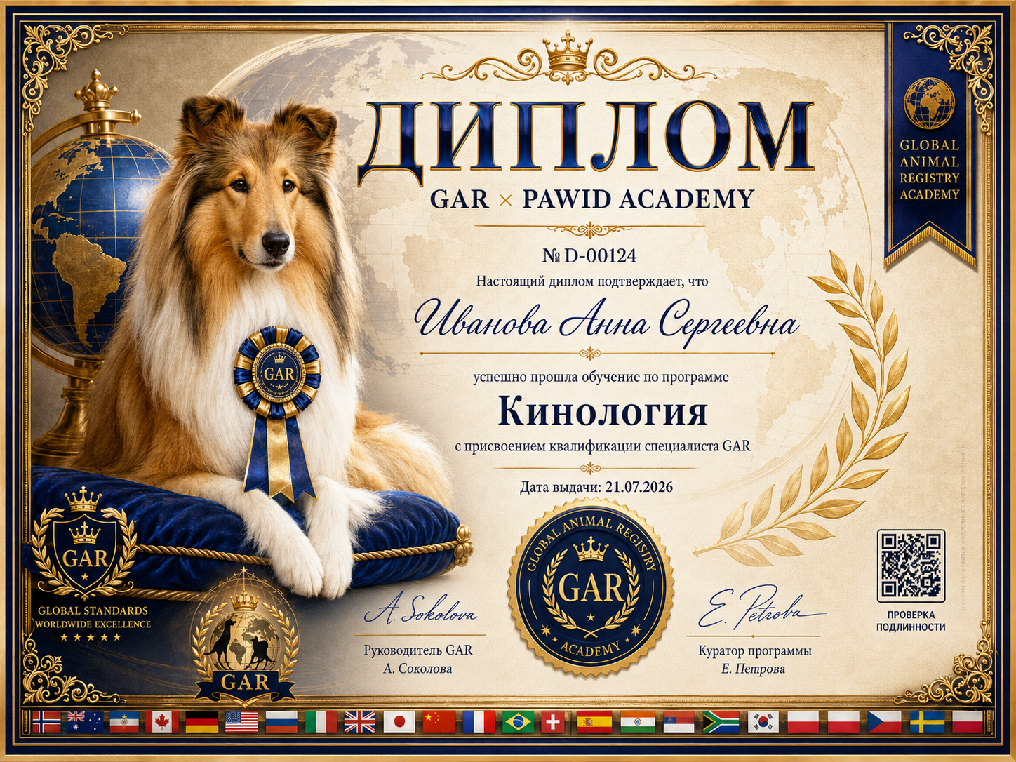 Образец диплома GAR × PAWID Academy для кинолога
