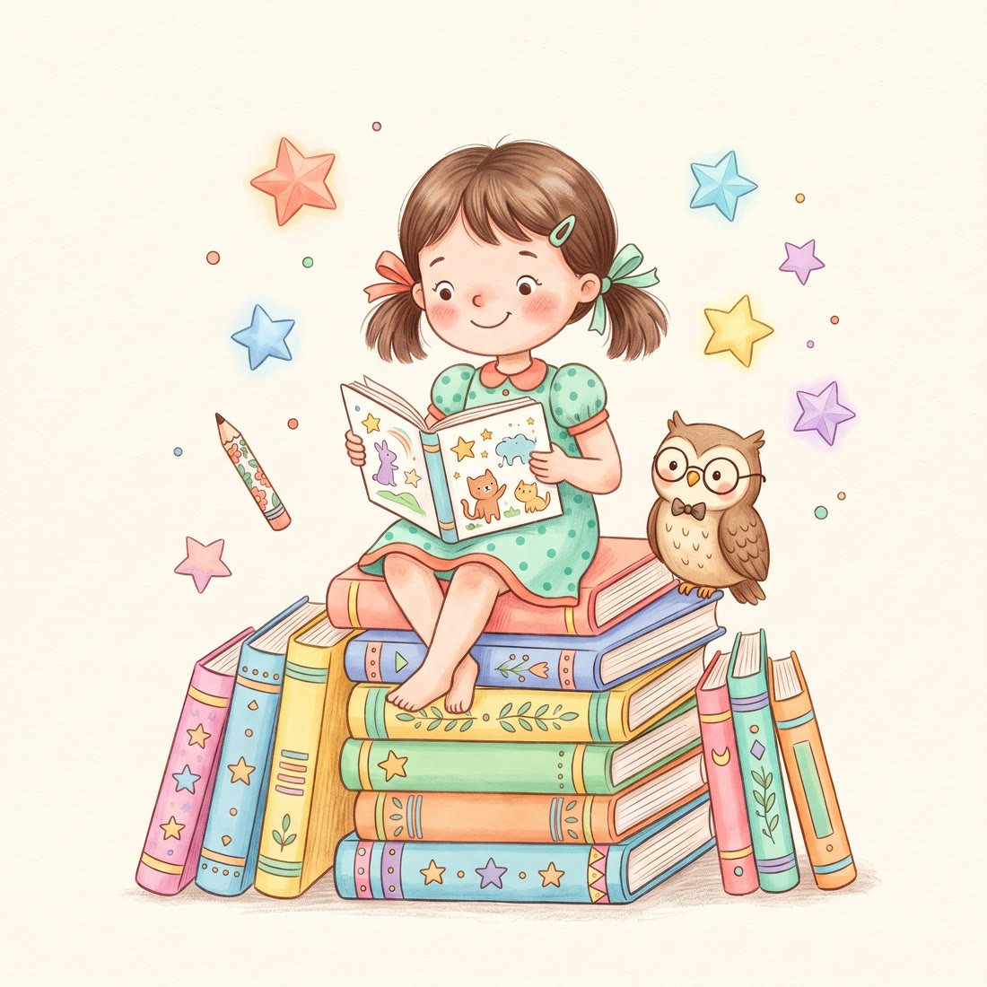 Девочка читает книгу, сидя на стопке книг, рядом сова в очках