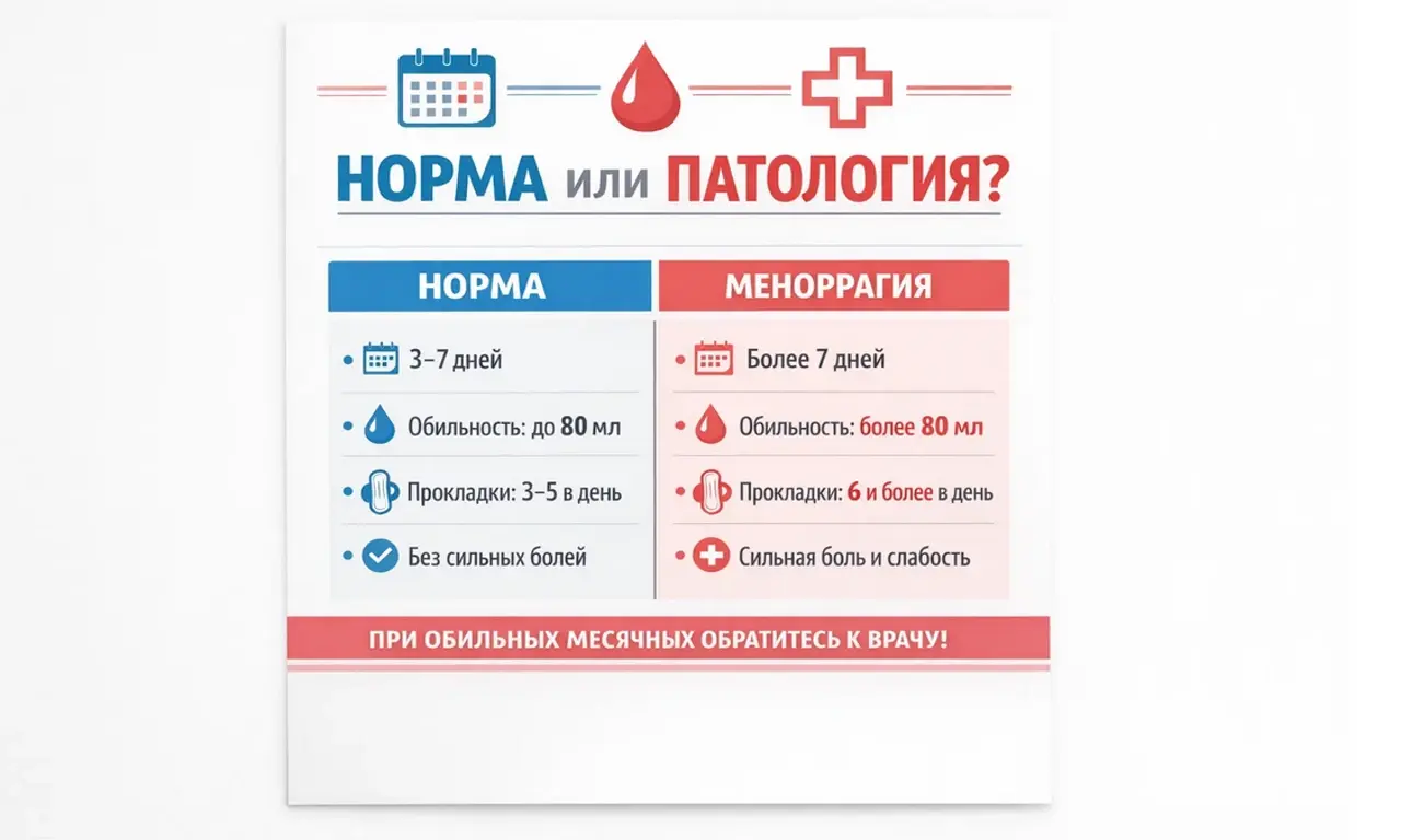 Инфографика: как отличить нормальные месячные от патологической меноррагии.