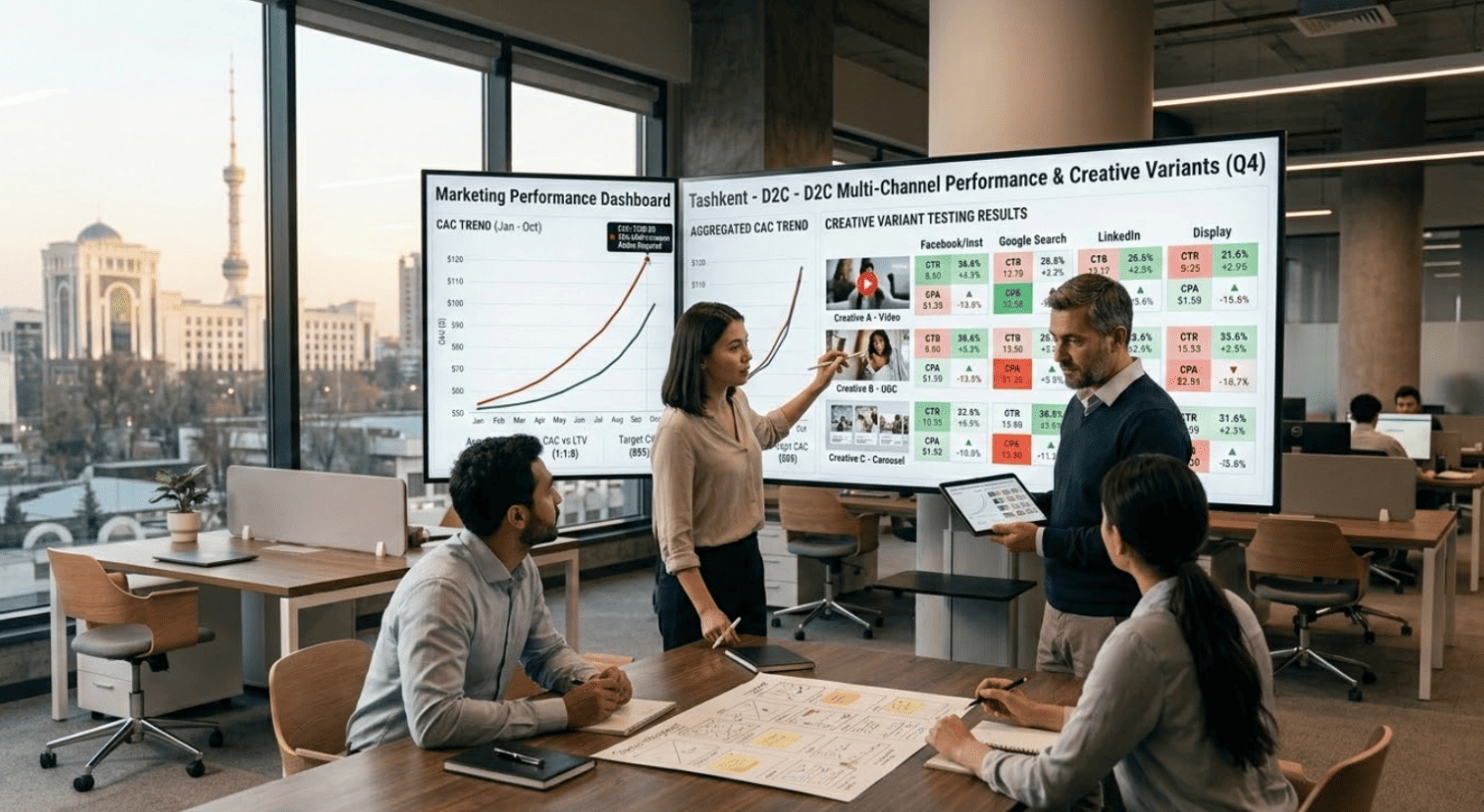 Marketing analyst reviewing cross-channel attribution data and budget allocation models on a large screen in Tashkent office, addressing attribution blindness as one of the core challenges for D2C brands in 2026.