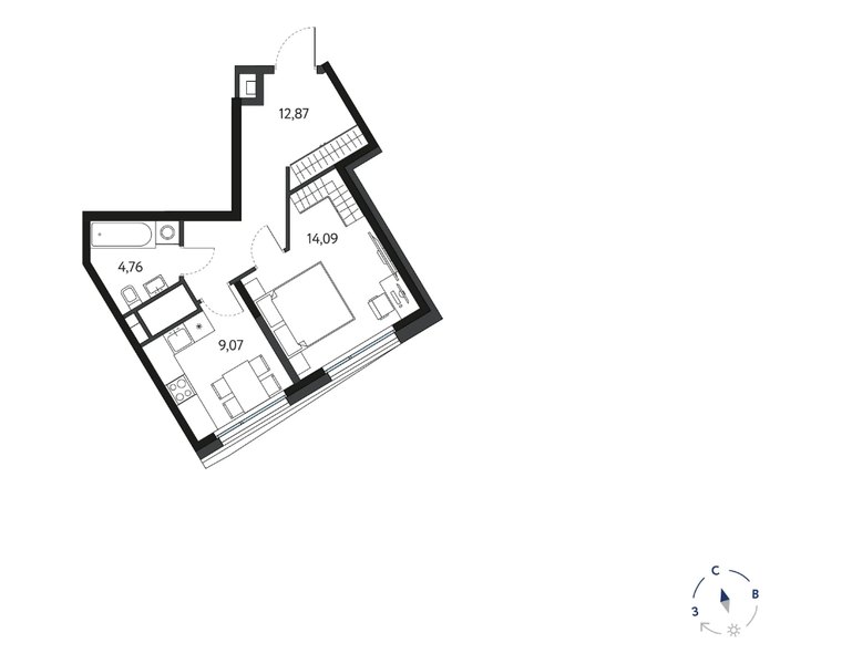 Планировка 1-комнатной квартиры 40,79 м² в ЖК «Кинетик»: 10-й этаж