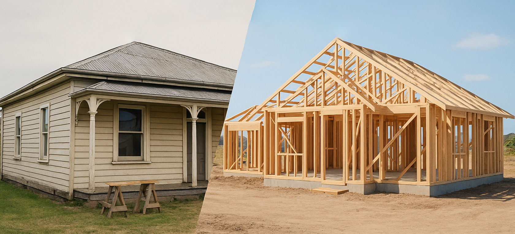 Split image showing an old weatherboard house on the left with aged paint and a tin roof, and a new timber-framed house under construction on the right, representing the contrast between renovation and rebuilding.