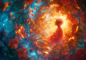 Элемент личности Металл Ян в Ба Цзы китайской метафизике, человек в окружении цветов и света