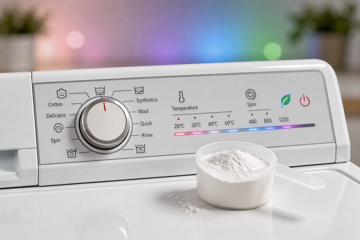 Washing machine control panel showing program selector, temperature and spin icons with a neutral measuring scoop of detergent nearby