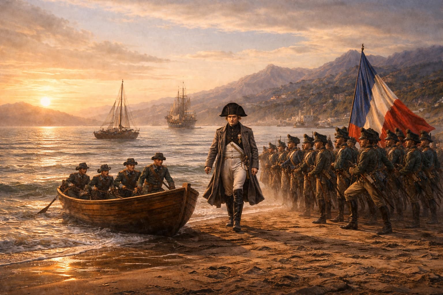 Наполеон Бонапарт высаживается в Голф-Жуане 1 марта 1815 года, выходя на берег в сопровождении солдат и французского флага на фоне заката на Лазурном берегу.