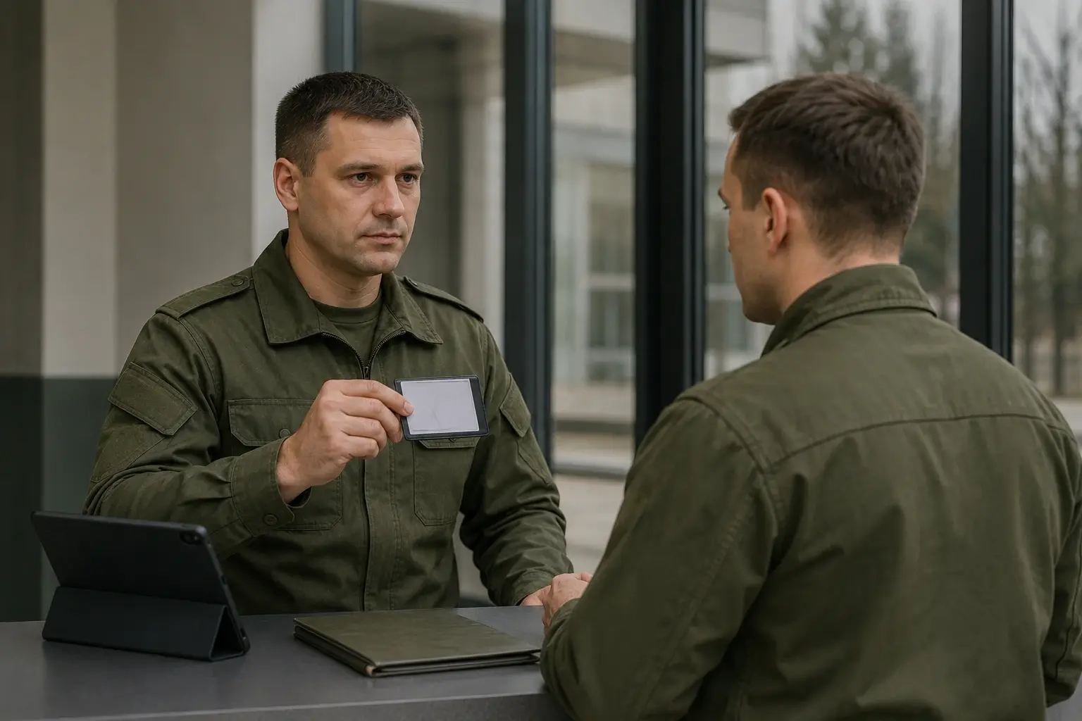 Военный полицейский показывает служебное удостоверение во время административной проверки