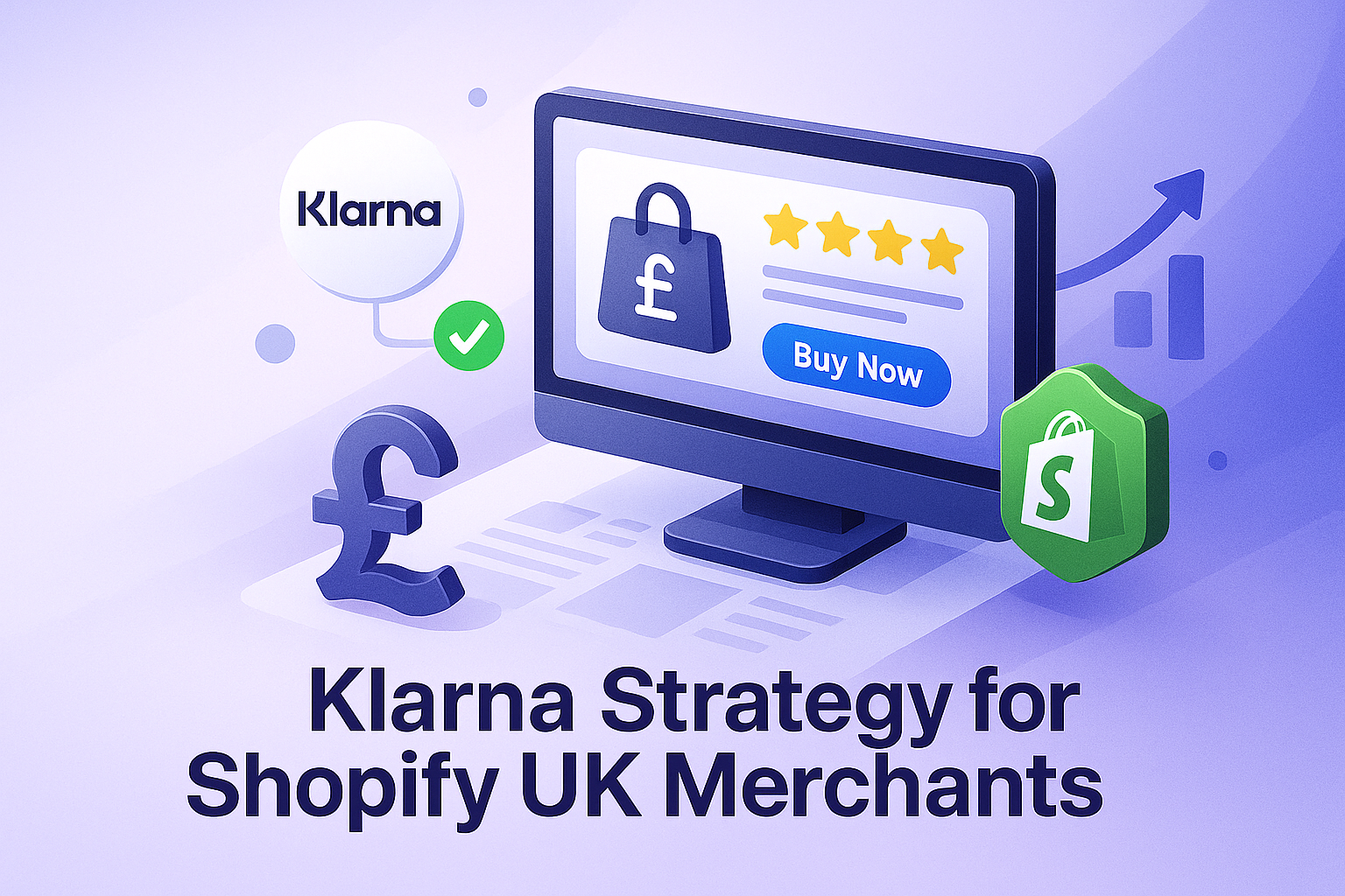 Klarna strategy cover illustration showing a futuristic Shopify dashboard, Klarna icons, UK pound symbols, and analytics graphics representing conversion optimization for Shopify UK merchants.