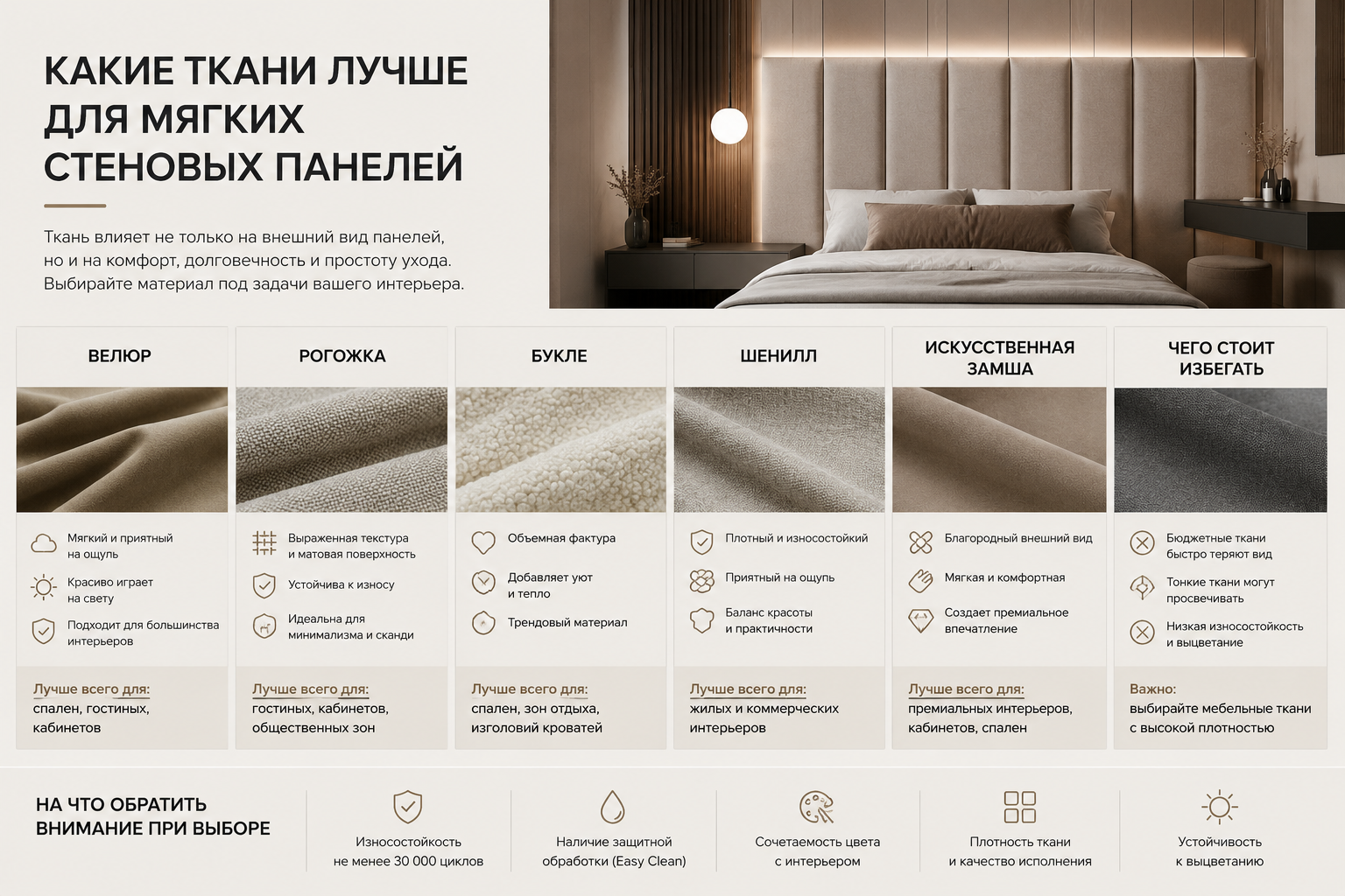 Какие ткани лучше для мягких стеновых панелей: велюр, рогожка, букле и шенилл