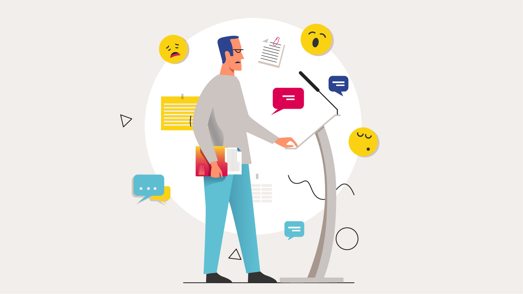 мужчина с папкой бумаг у трибуны иллюстрация