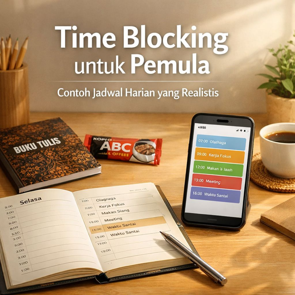 Time blocking untuk pemula dengan contoh jadwal harian realistis di meja kerja sederhana