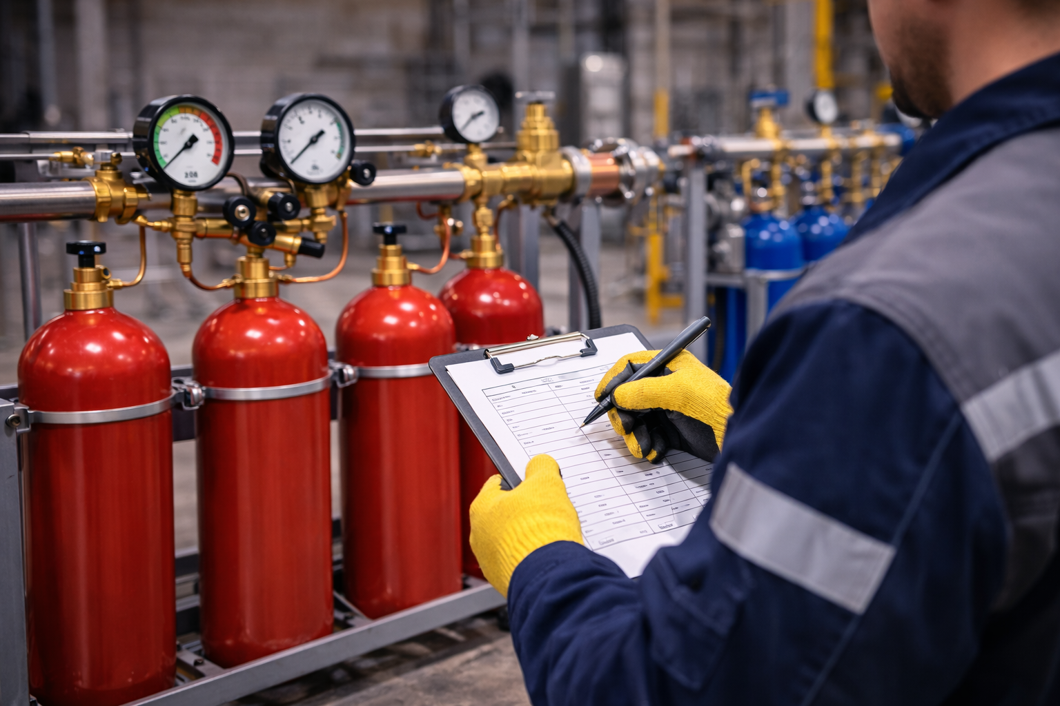 Специалист в защитных перчатках проверяет газовую рампу с красными газовыми баллонами, подключёнными к распределительному коллектору с редукторами и манометрами в промышленном помещении.