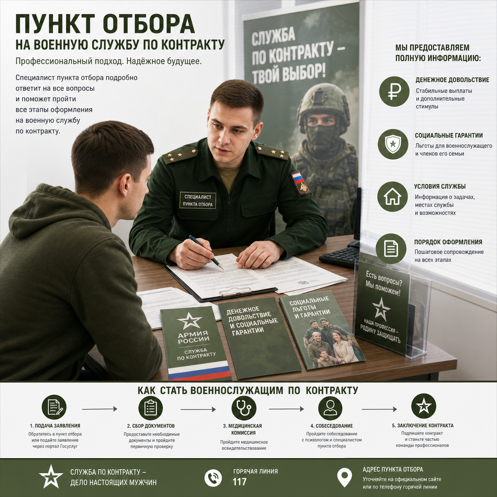 специалист пункта отбора на военную службу по контракту проводит консультацию с кандидатом — на столе лежат документы, бланки заявлений, информационные материалы о службе