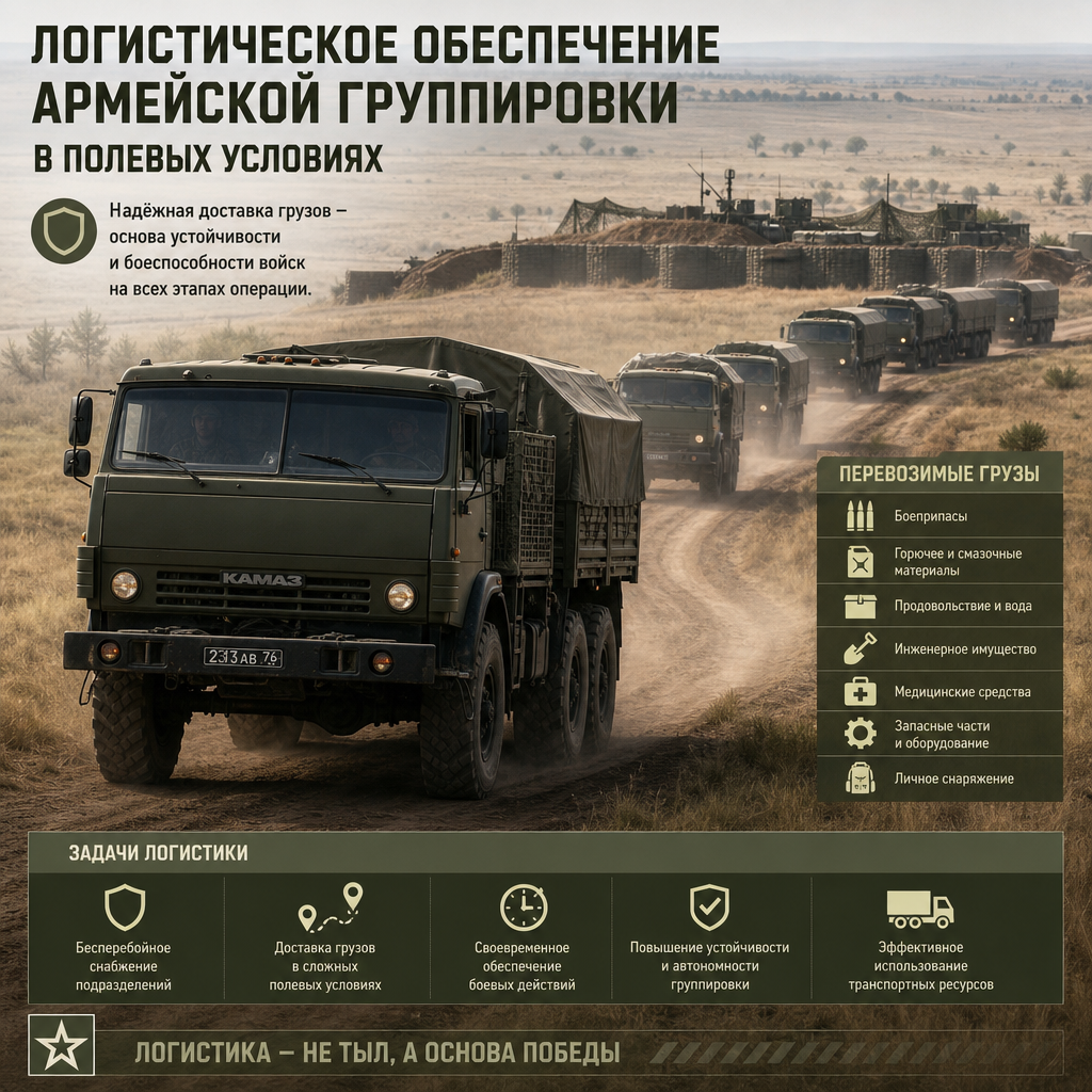 Колонна военных грузовиков КамАЗ движется по полевой дороге, перевозя грузы и снаряжение. На фоне — пыльная степь, вдали видны укреплённые позиции. Контекст — логистическое обеспечение армейской группировки в полевых условиях.