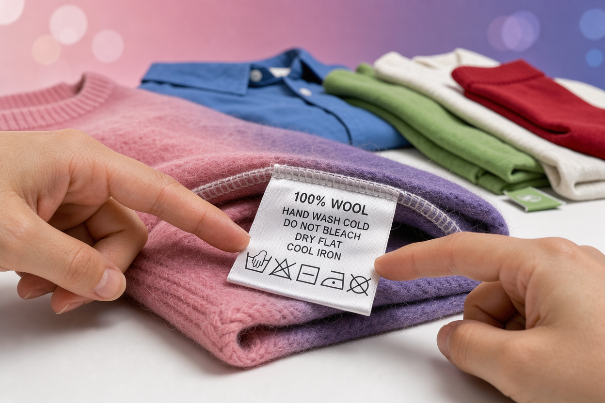Close-up of a garment care label on a wool sweater next to a pile of sorted clothes, hands pointing at symbols