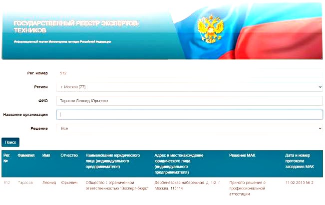 Запись в реестре экспертов-техников