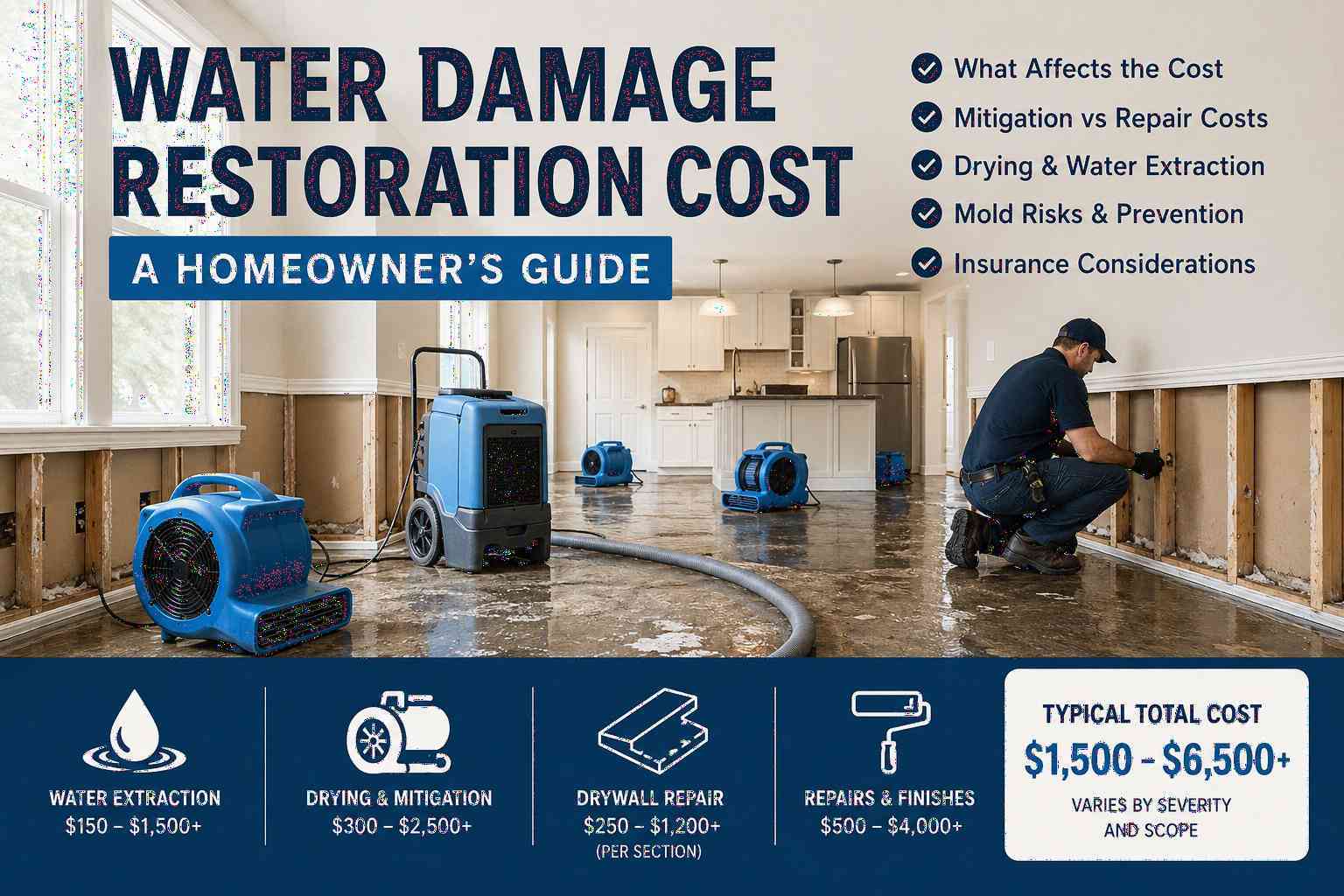 Water damage restoration cost guide showing flooded home drying equipment water extraction mitigation drywall repair and repair cost factors
