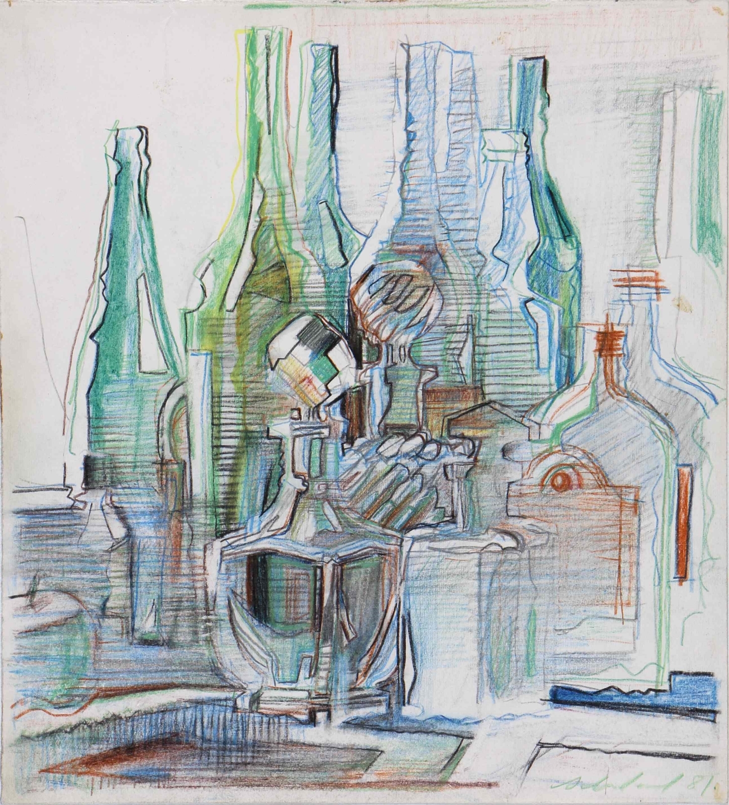 Флаконы на фоне бутылок. 1981