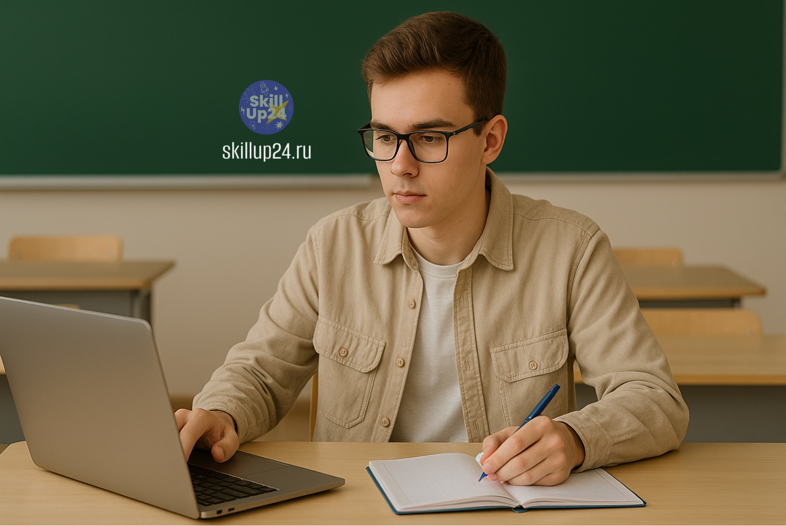 Студент колледжа готовится к экзаменам за ноутбуком и тетрадью в современной аудитории — учебный процесс, подготовка к поступлению, обучение онлайн. Индивидуальные занятия, современный класс, сосредоточенный студент. Онлайн школа SkillUp24 в Астрахани, Ба