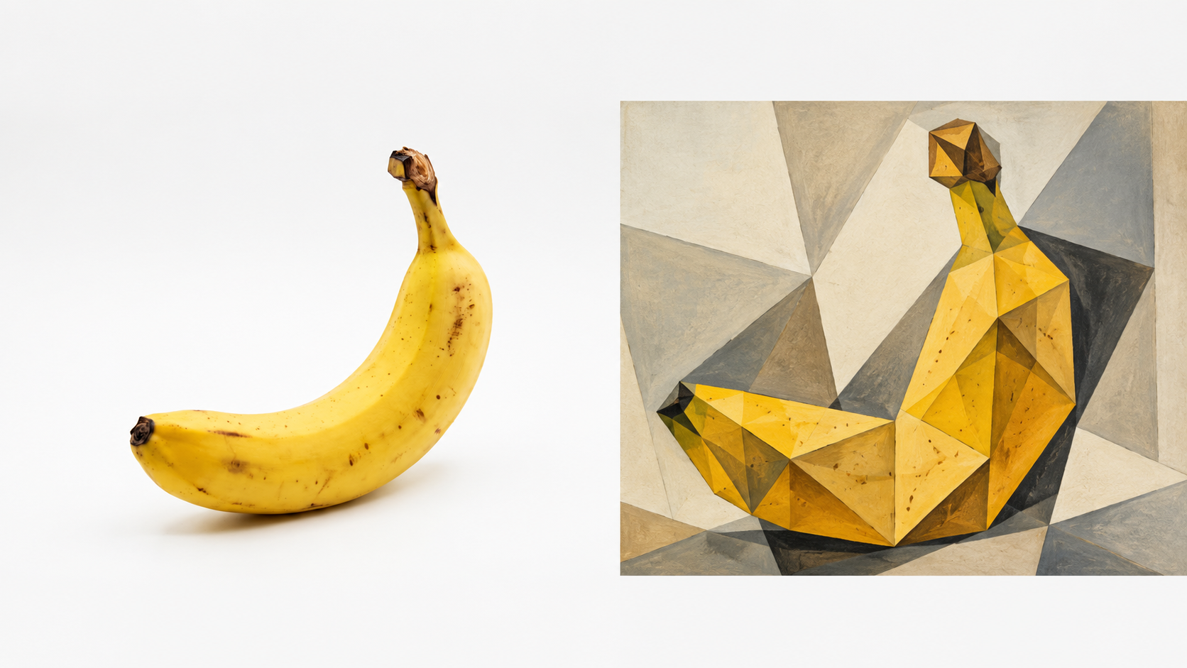 Side-by-side horizontal comparison of a real banana reference photo and a cubist illustration of the same banana made of geometric shapes and angular planes on a light background.