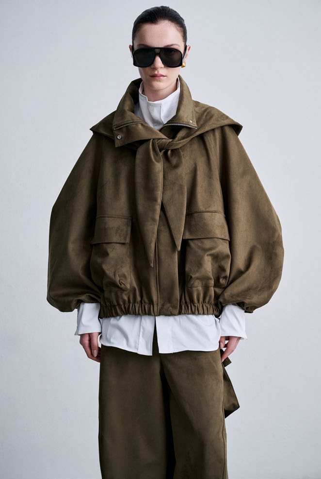 SU: oversized olive bomber and white shirt