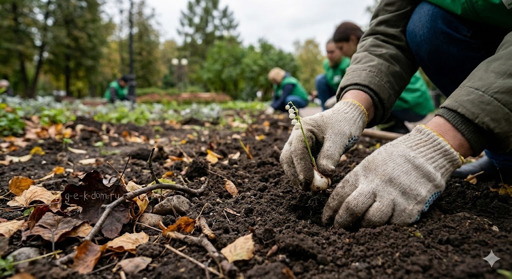 Волонтеры высаживают садовые ландыши в парке