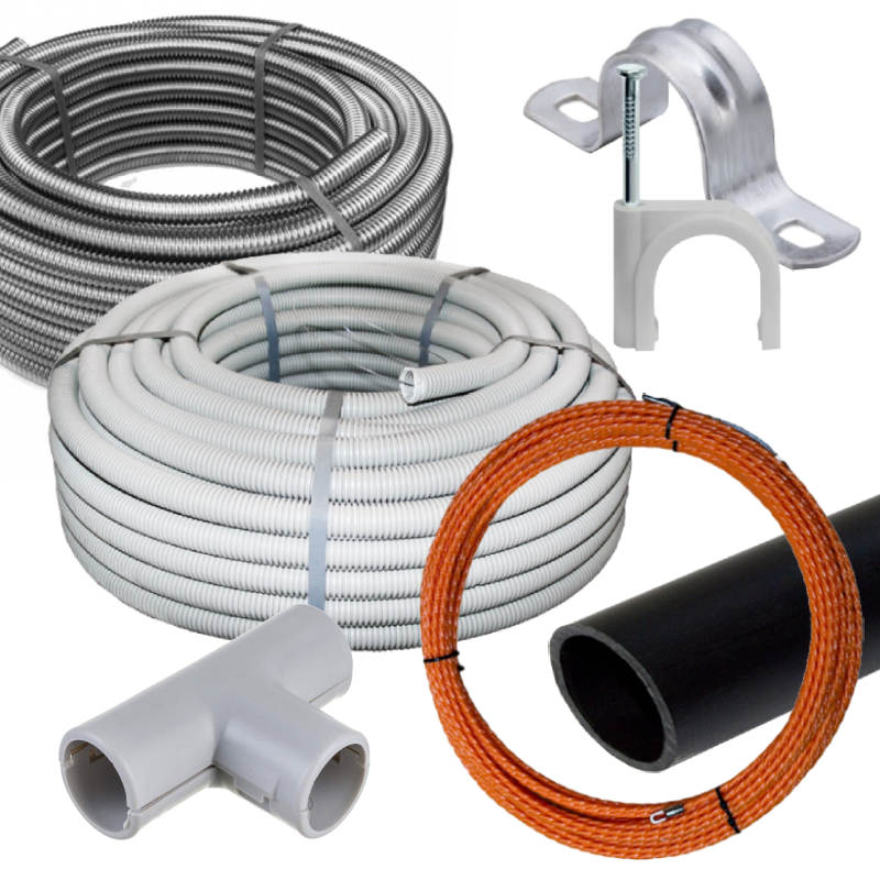 Трубы гладкие и гофрированные, крепеж, протяжка