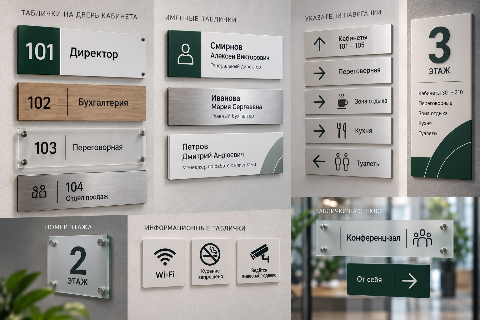 Виды офисных табличек: на дверь, с фамилией, указатели направления